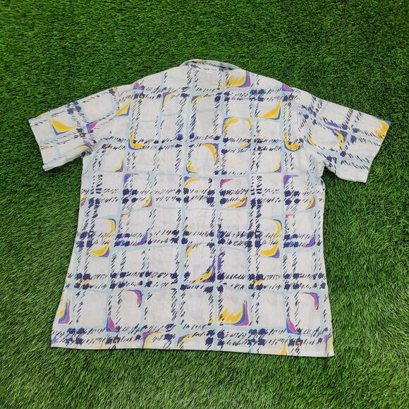 Vintage 80s Abstract Hippie Button Shirt Large 23x28 Blue Groovy - Picture 2 of 11